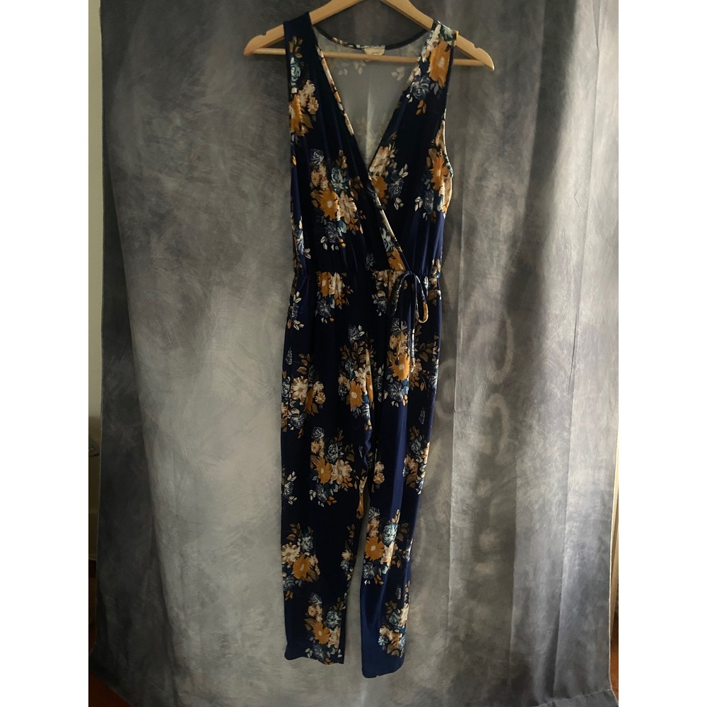 Caution to the Wind Navy Blue Floral Sleeveless Wrap‎ Jumpsuit Womens Small